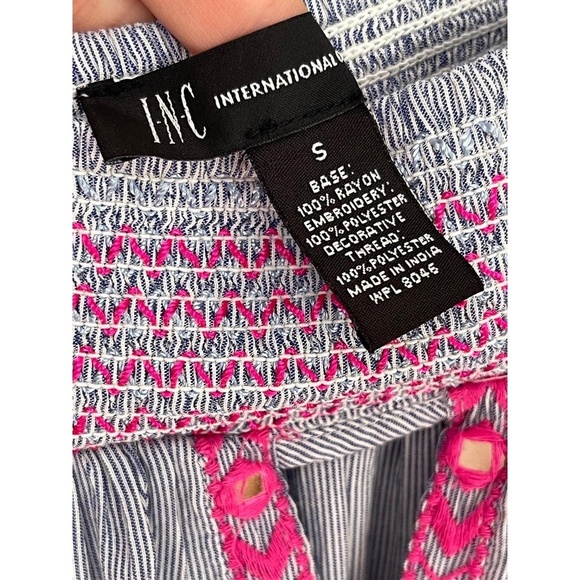 INC Off the Shoulder Blue with Hot Pink Embroidered Smocked Size S Bohemian Chic - Picture 6 of 10